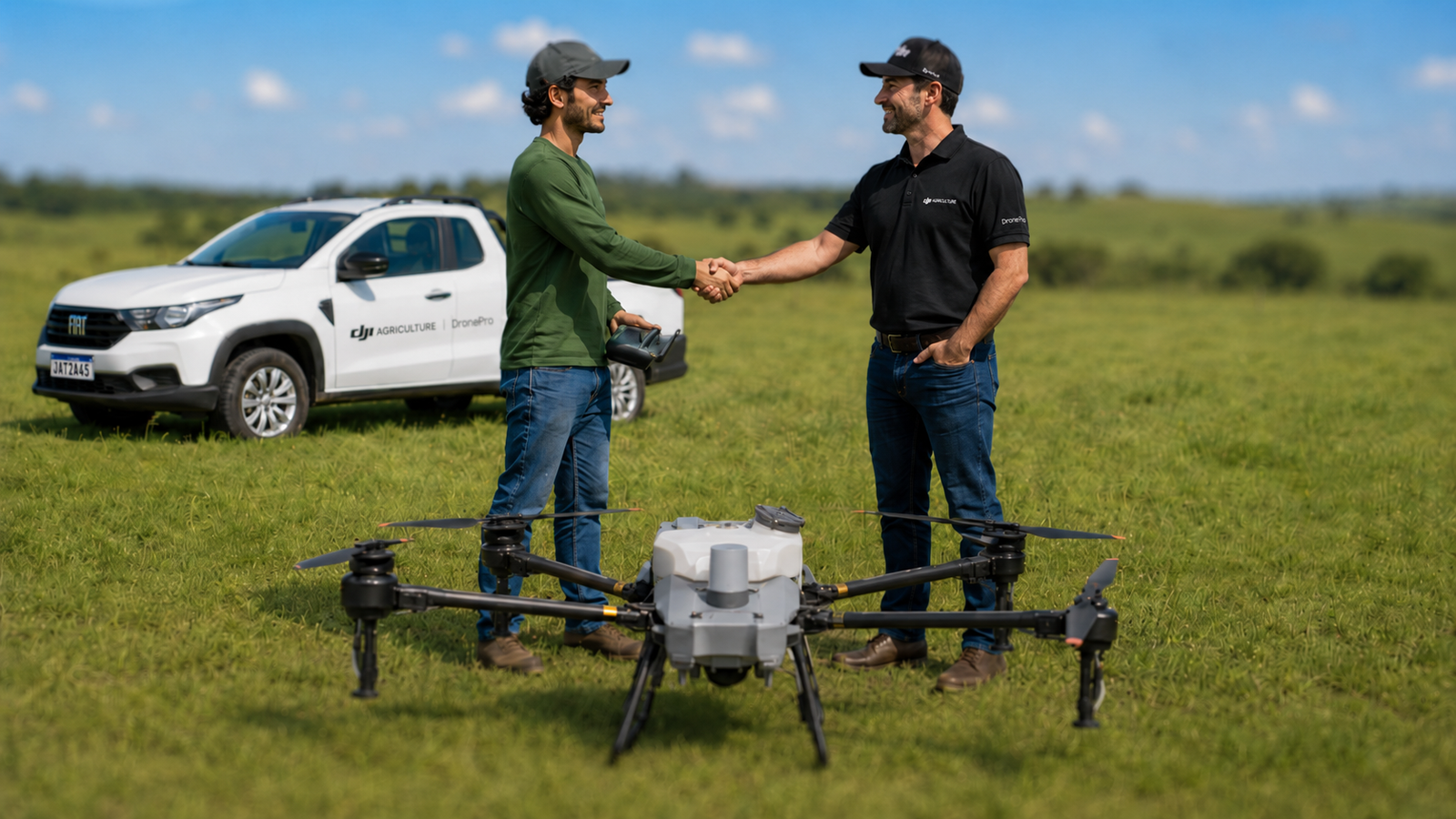 Representante DronePro atendendo produtor rural ao lado de um drone DJI Agriculture